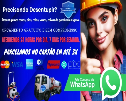 Mulher com polegar para cima, destacando orçamento gratuito e serviços oferecidos, com o logo da AMÉRICA Desentupidora SP e ícone de WhatsApp